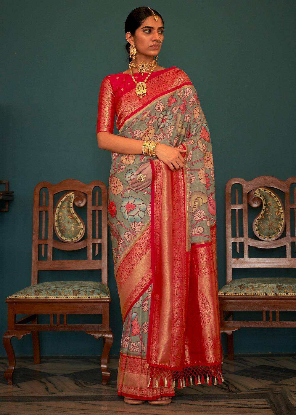 Green & Red Tussar Silk Saree with kalamkari Print | Stitched Blouse - qivii