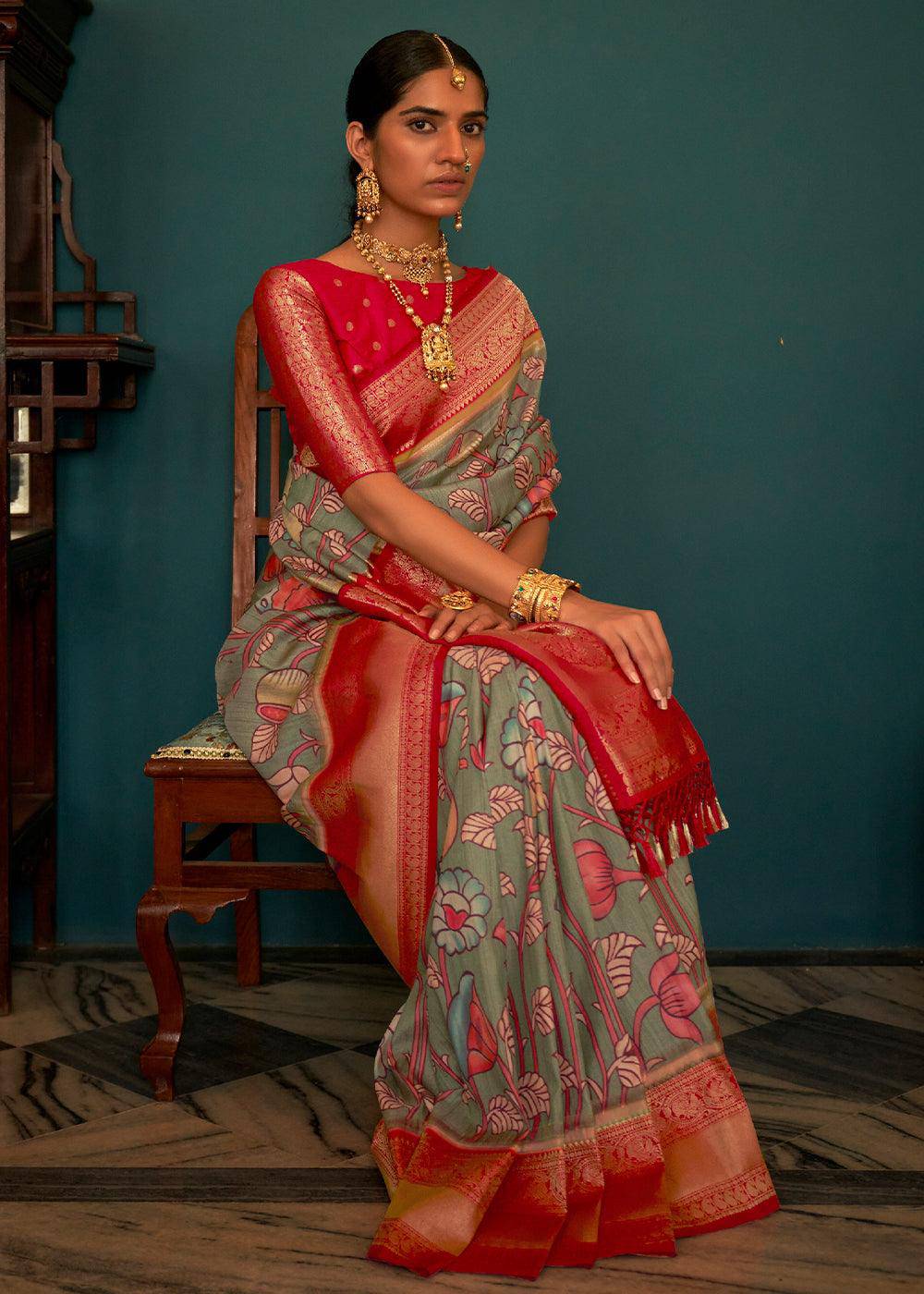 Green & Red Tussar Silk Saree with kalamkari Print | Stitched Blouse - qivii