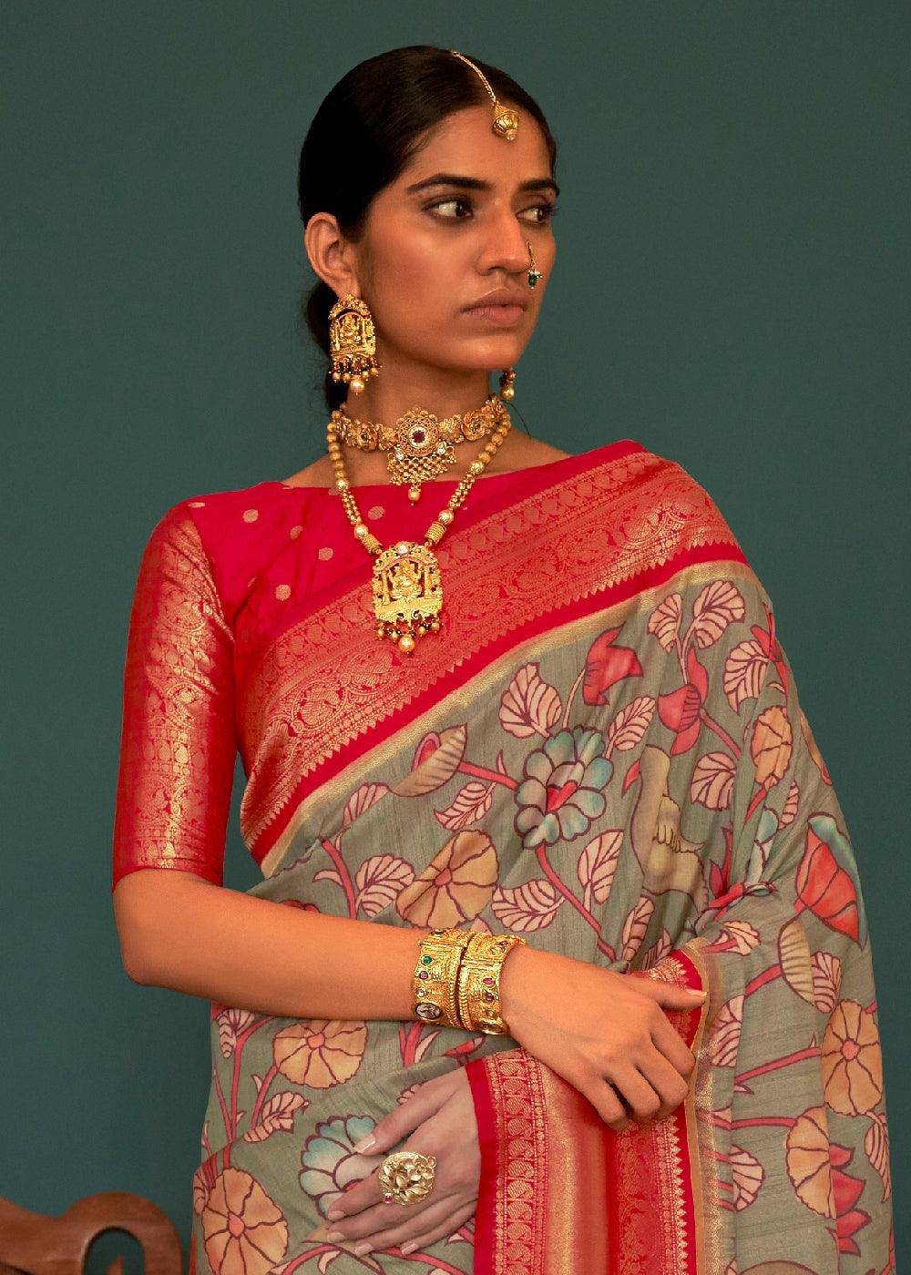 Green & Red Tussar Silk Saree with kalamkari Print | Stitched Blouse - qivii