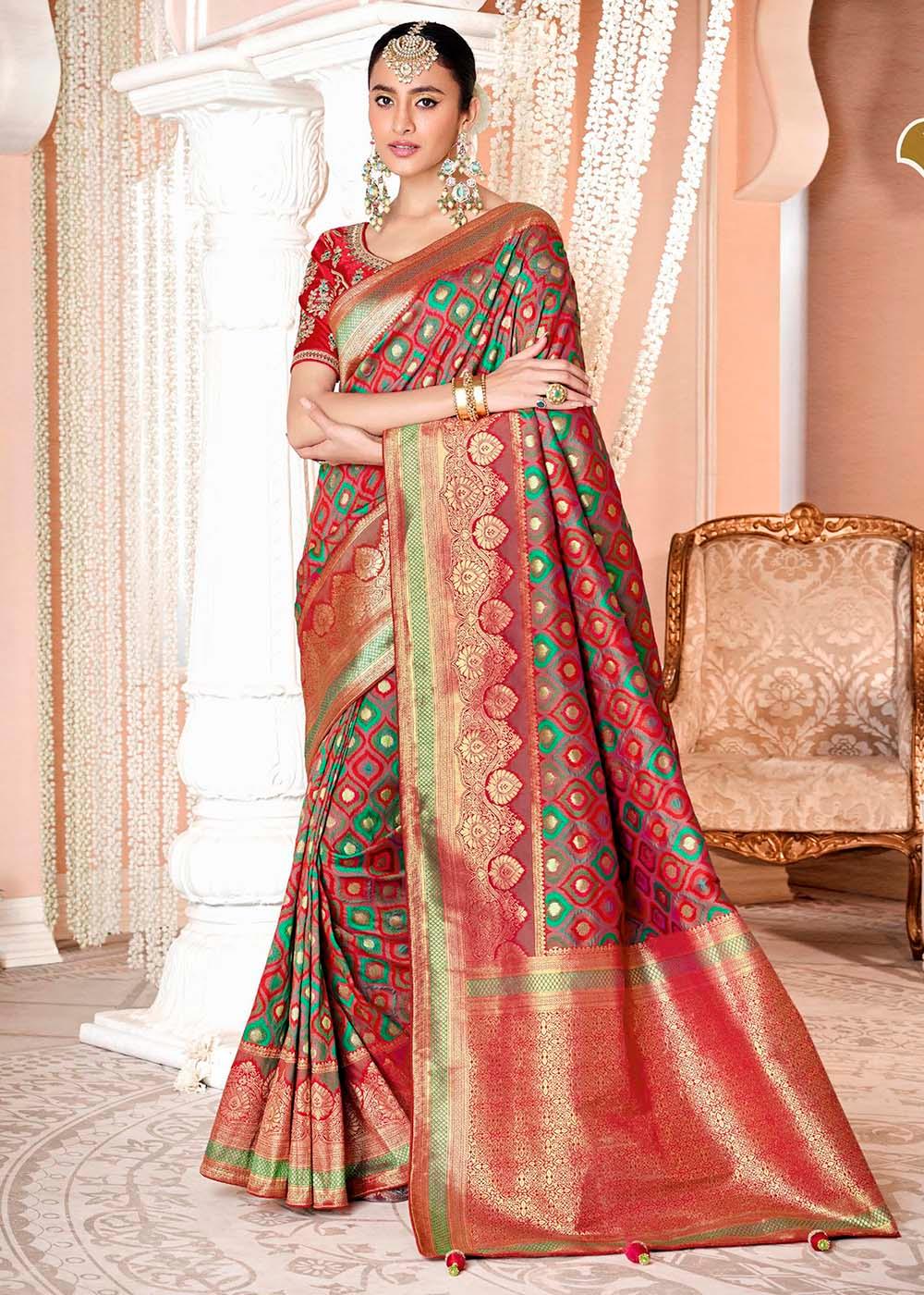 Green & Red Woven Banarasi Silk Saree with Embroidered Blouse | Stitched Blouse - qivii