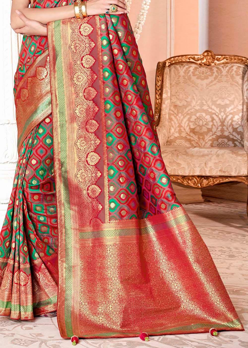 Green & Red Woven Banarasi Silk Saree with Embroidered Blouse | Stitched Blouse - qivii