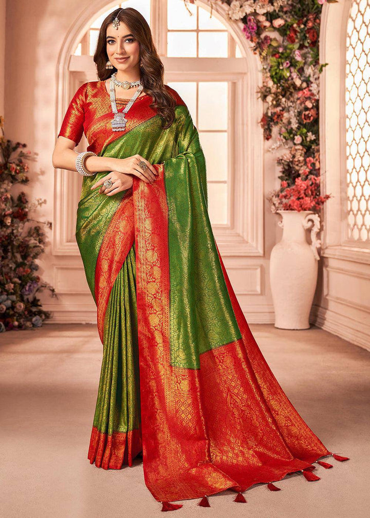 Green & Red Zari Woven Designer Silk Saree | Stitched Blouse - qivii