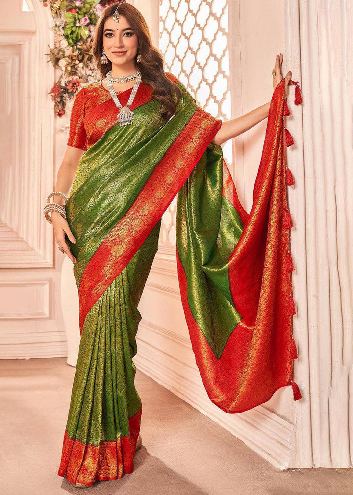 Green & Red Zari Woven Designer Silk Saree | Stitched Blouse - qivii