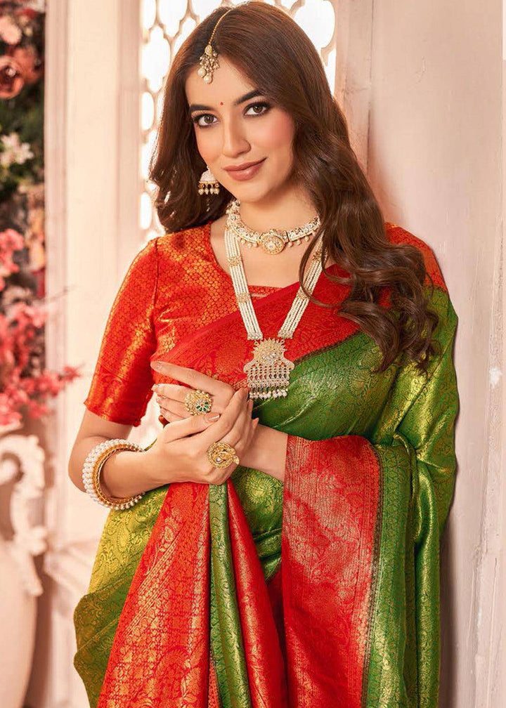 Green & Red Zari Woven Designer Silk Saree | Stitched Blouse - qivii