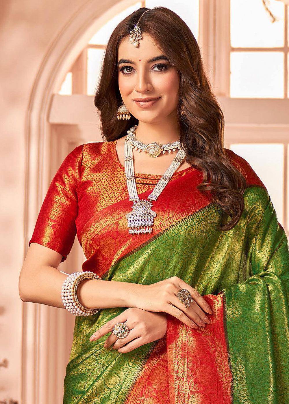 Green & Red Zari Woven Designer Silk Saree | Stitched Blouse - qivii