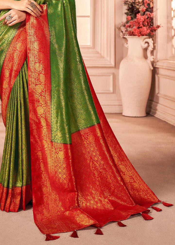 Green & Red Zari Woven Designer Silk Saree | Stitched Blouse - qivii