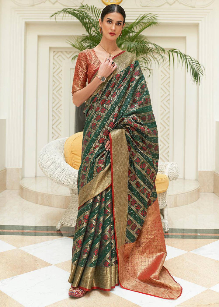 Green & Red Zari Woven Patola Silk Saree | Stitched Blouse - qivii