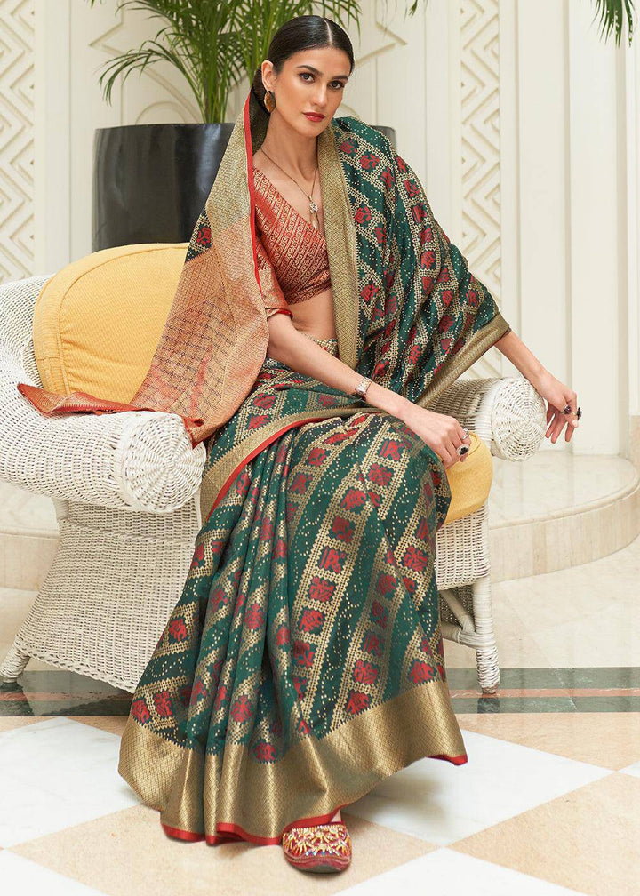 Green & Red Zari Woven Patola Silk Saree | Stitched Blouse - qivii