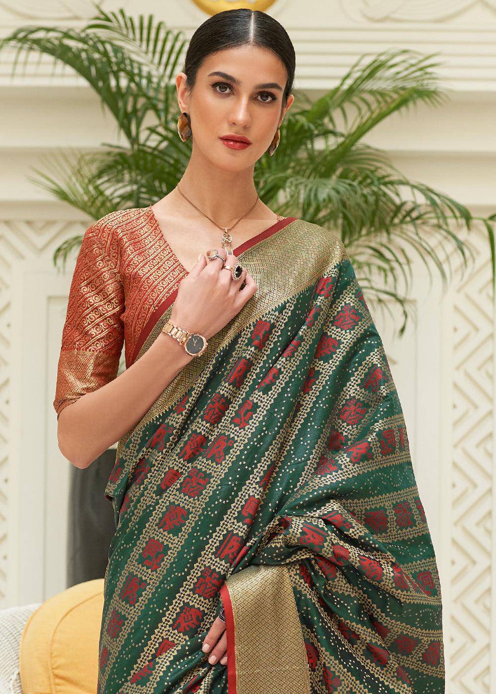 Green & Red Zari Woven Patola Silk Saree | Stitched Blouse - qivii