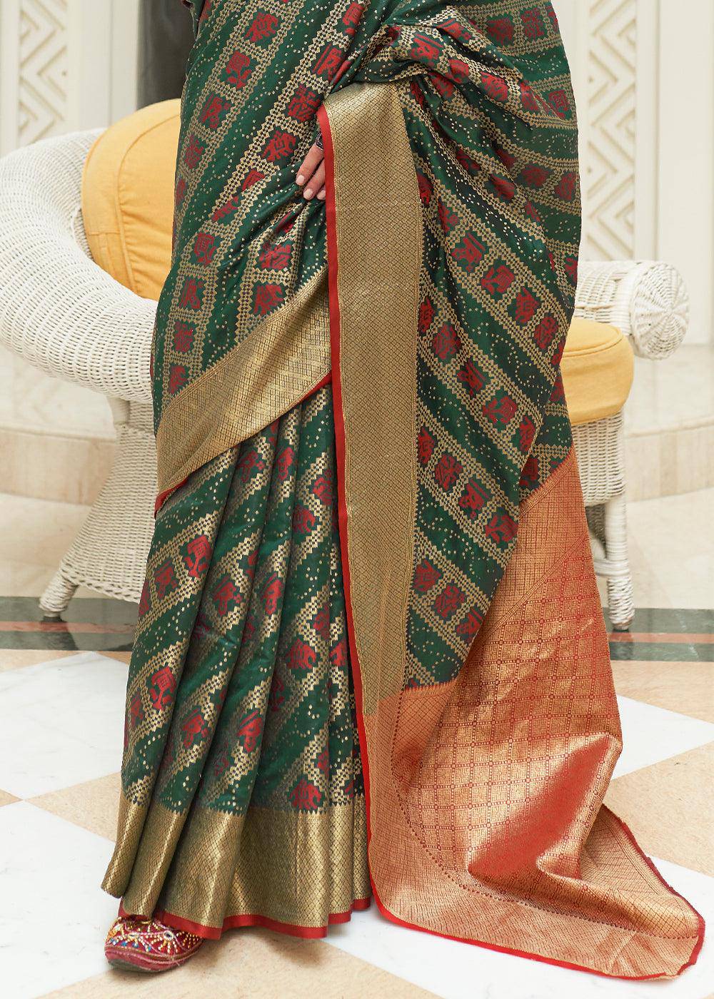 Green & Red Zari Woven Patola Silk Saree | Stitched Blouse - qivii