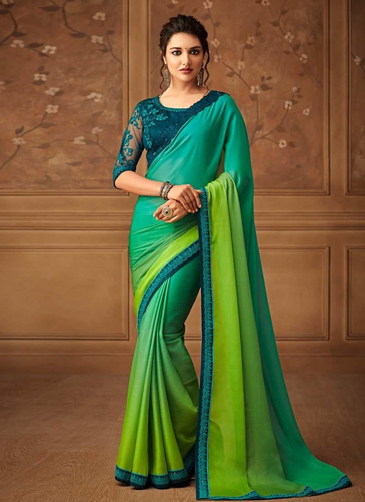 Green And Turquoise Shaded Color Silk Base Heavy Work Designer Saree  - By Kreeva