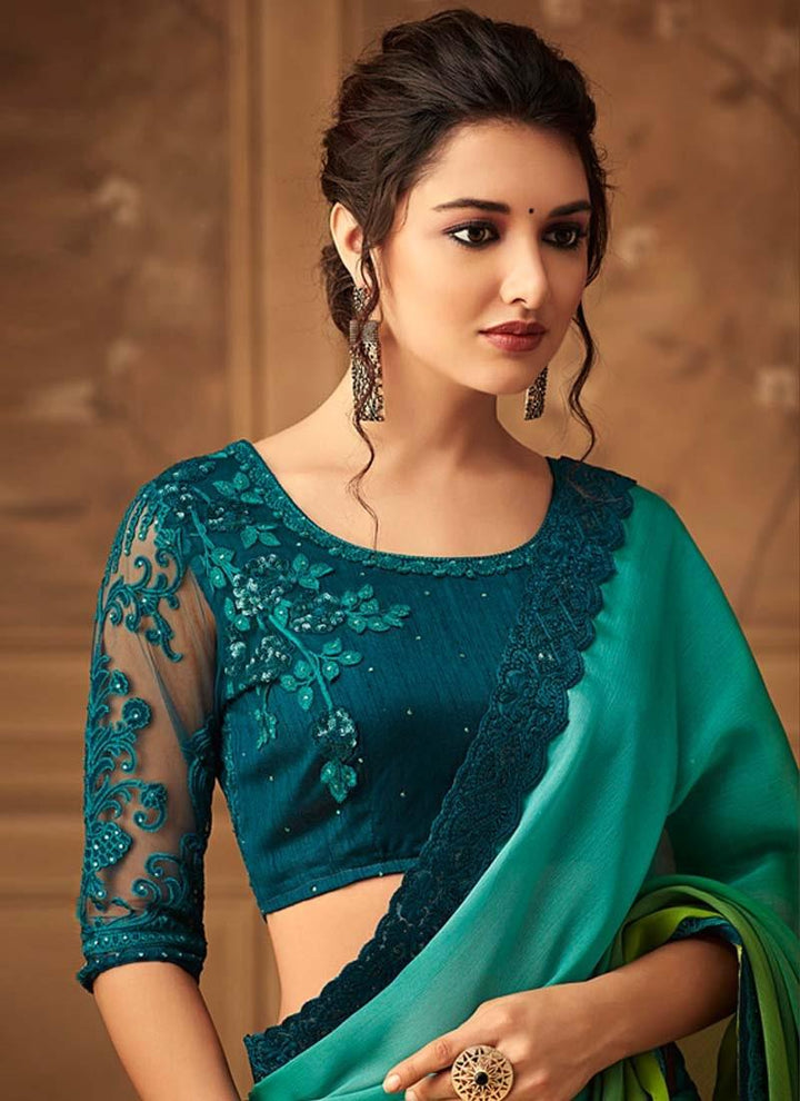 Green And Turquoise Shaded Color Silk Base Heavy Work Designer Saree  - By Kreeva