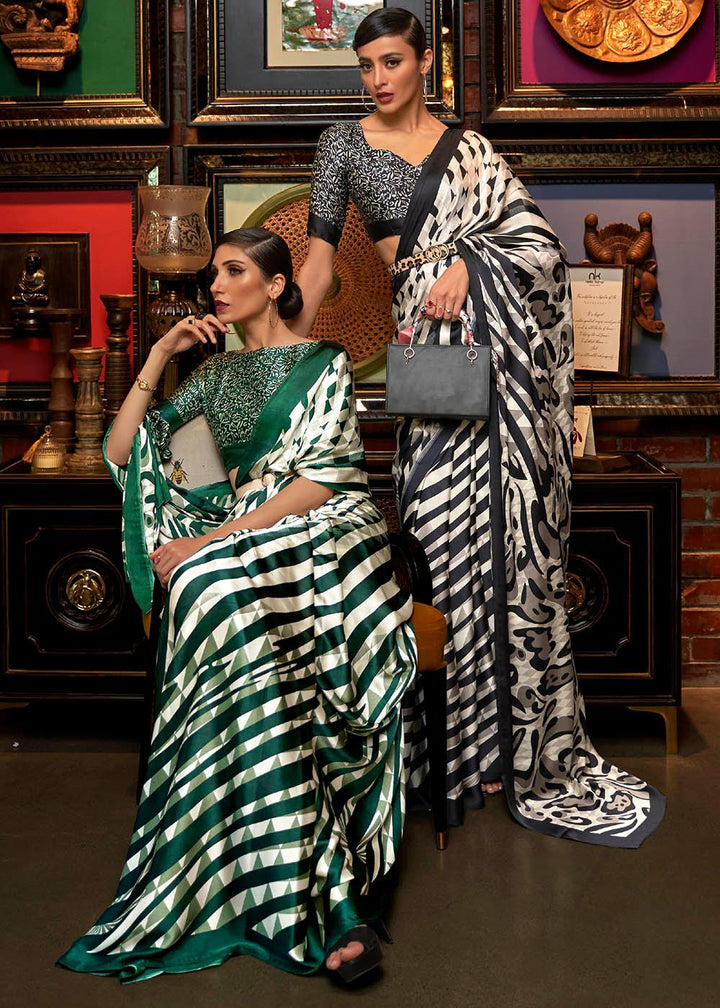 Green & White Designer Satin Crepe Printed Saree | Stitched Blouse - qivii