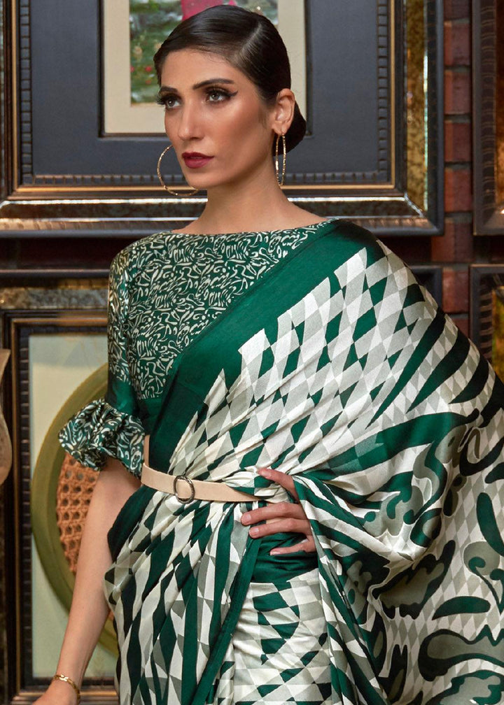 Green & White Designer Satin Crepe Printed Saree | Stitched Blouse - qivii