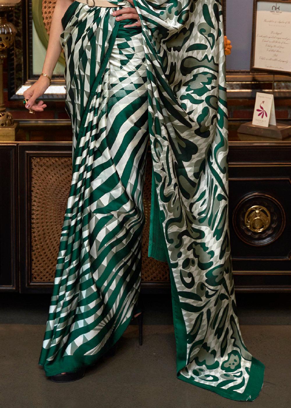 Green & White Designer Satin Crepe Printed Saree | Stitched Blouse - qivii