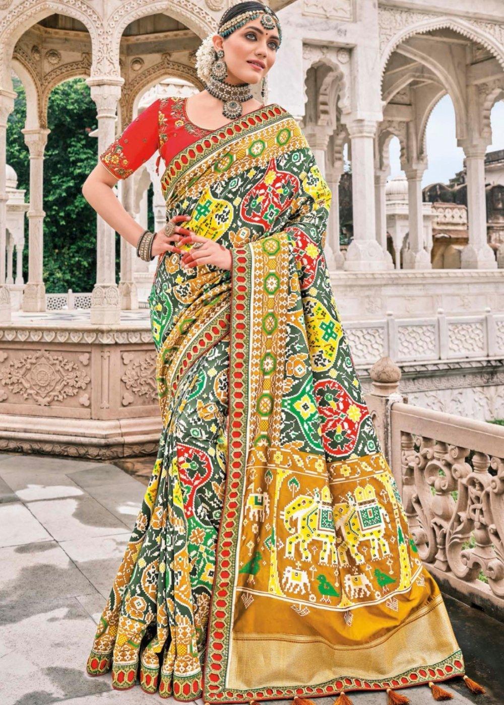 Green & Yellow Patan Patola Silk Saree with Embroidered Blouse | Stitched Blouse - qivii