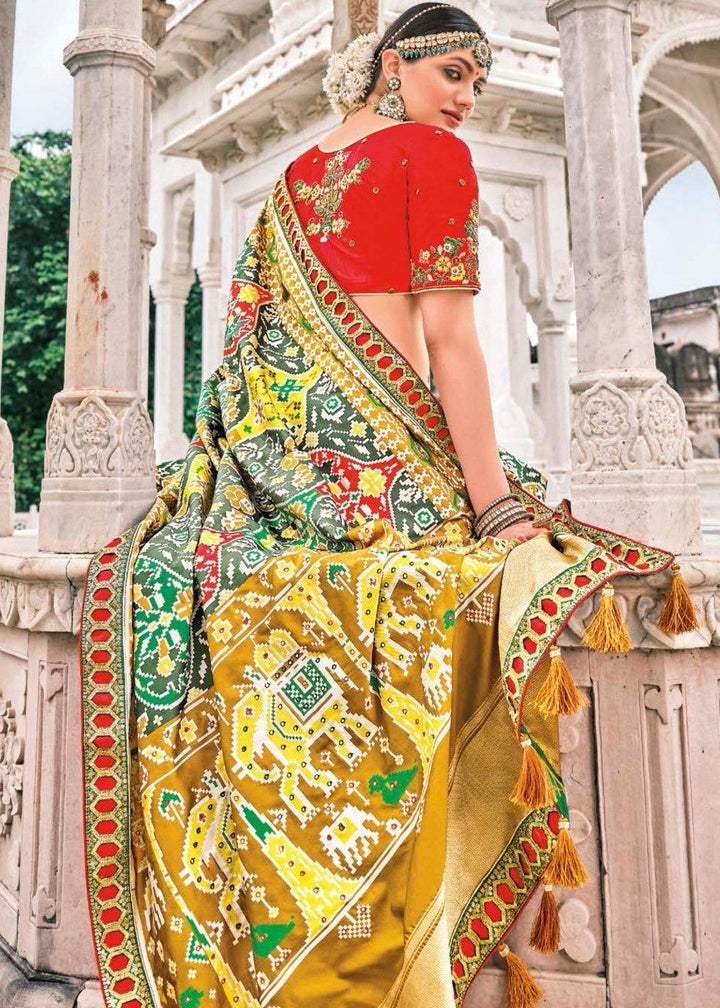 Green & Yellow Patan Patola Silk Saree with Embroidered Blouse | Stitched Blouse - qivii