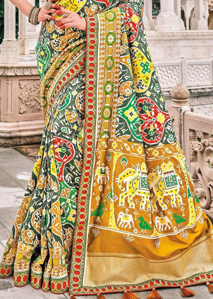 Green & Yellow Patan Patola Silk Saree with Embroidered Blouse | Stitched Blouse - qivii