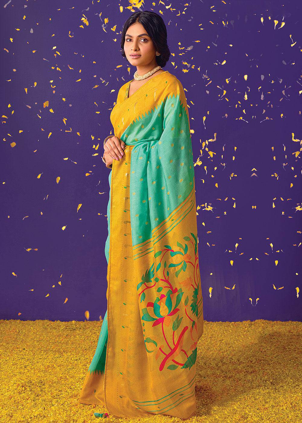 Green & Yellow Printed Paithani Silk Saree with Embroidered Blouse | Stitched Blouse - qivii