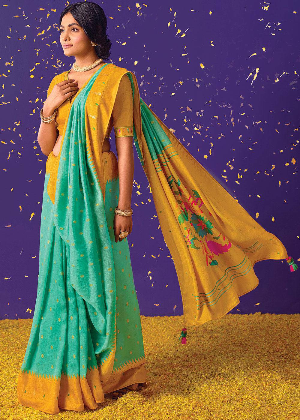 Green & Yellow Printed Paithani Silk Saree with Embroidered Blouse | Stitched Blouse - qivii