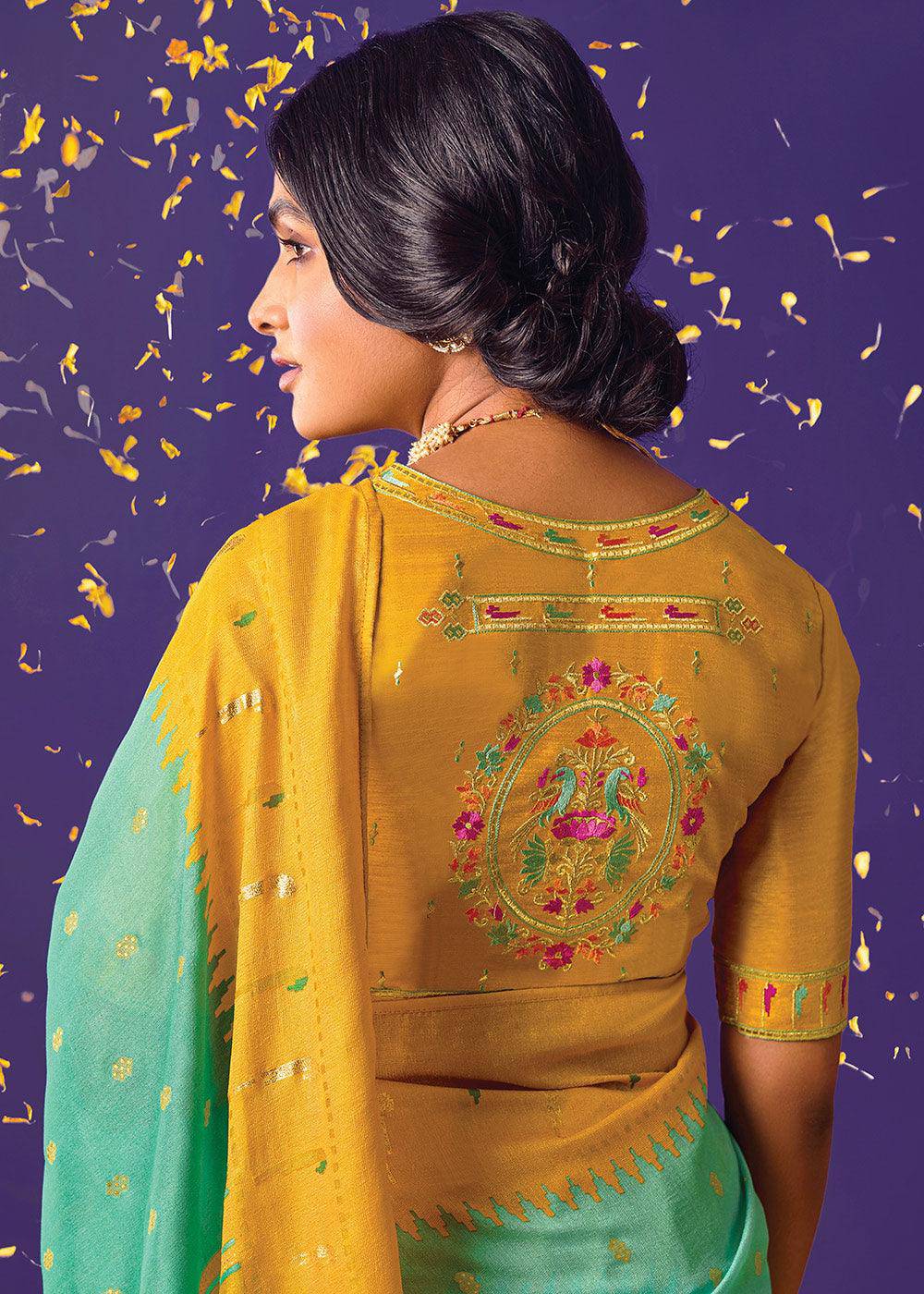 Green & Yellow Printed Paithani Silk Saree with Embroidered Blouse | Stitched Blouse - qivii