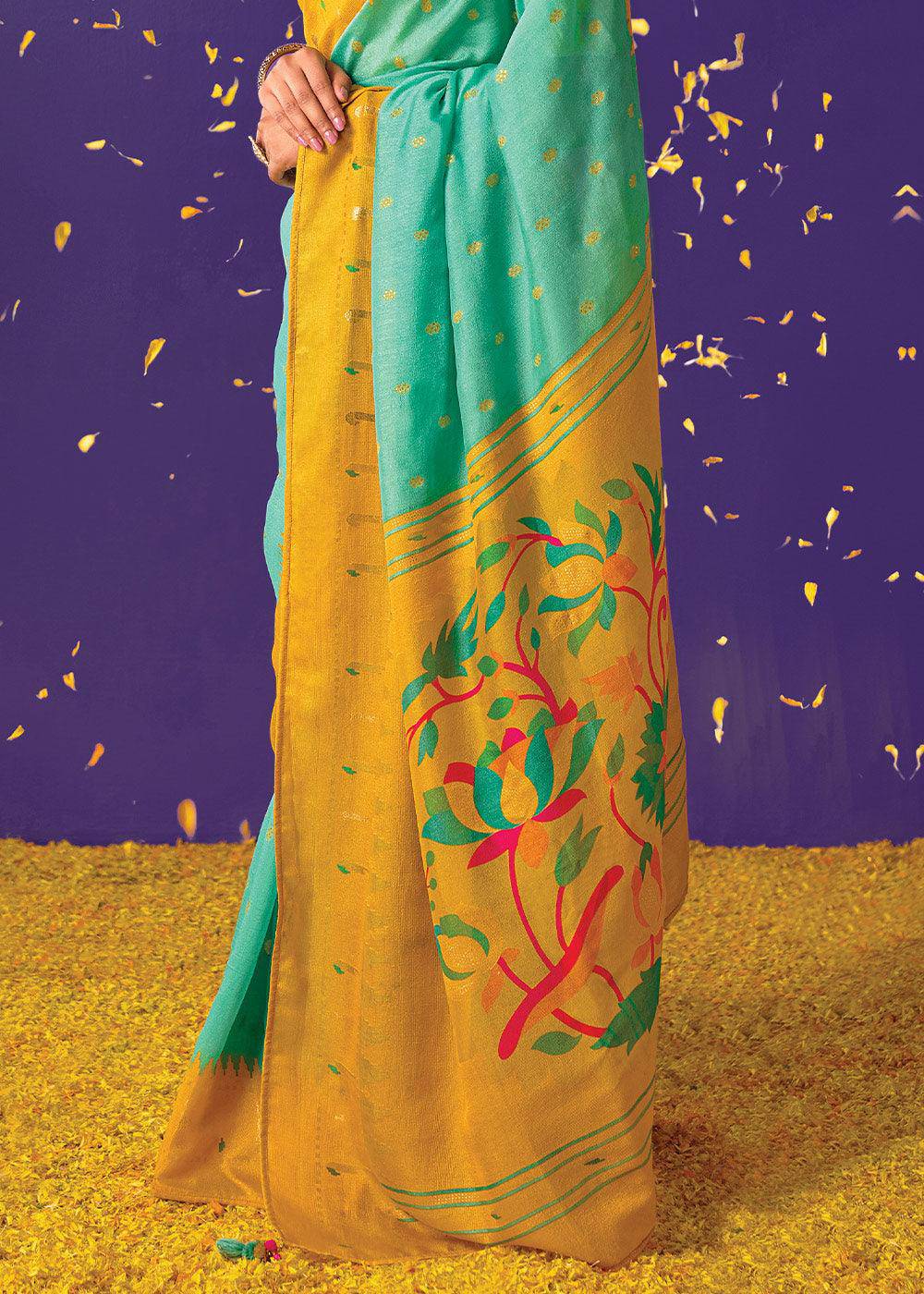 Green & Yellow Printed Paithani Silk Saree with Embroidered Blouse | Stitched Blouse - qivii