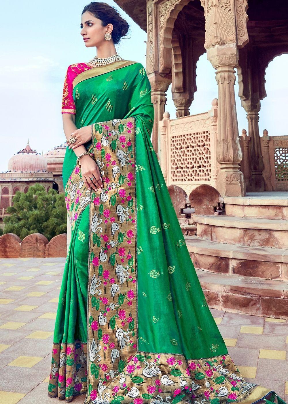 Green Banarasi Silk Saree with Thread Embroidery | Stitched Blouse - qivii