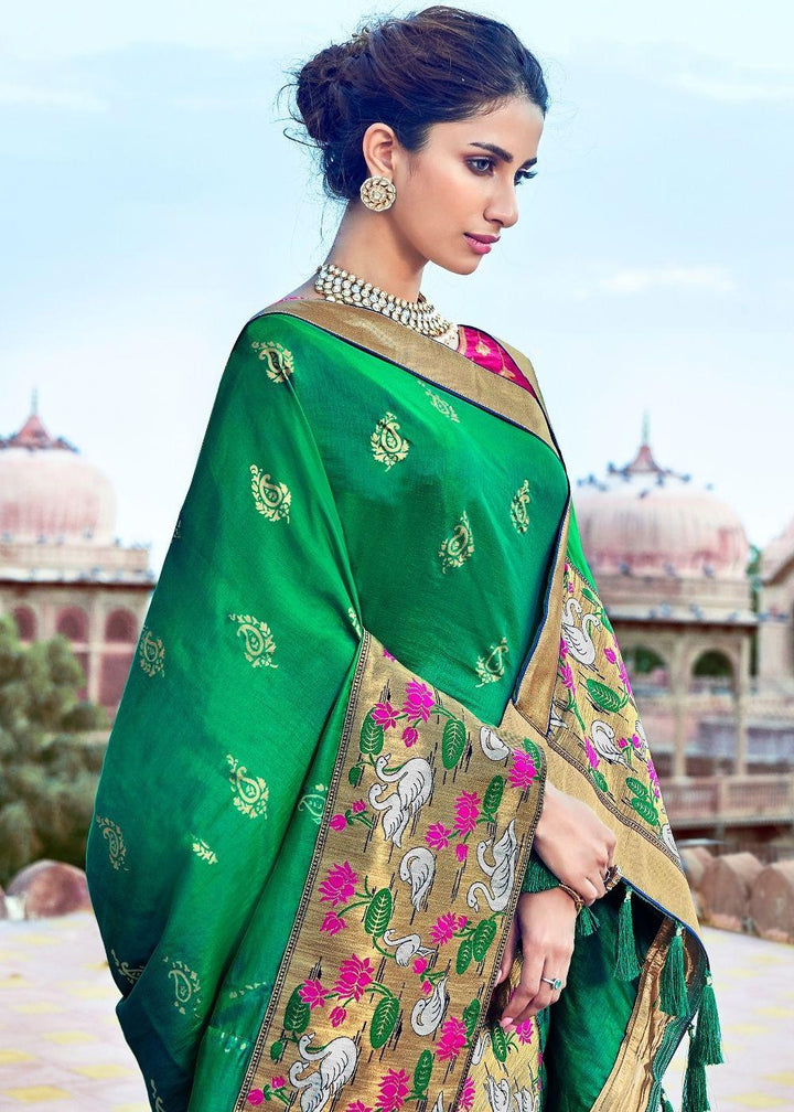 Green Banarasi Silk Saree with Thread Embroidery | Stitched Blouse - qivii