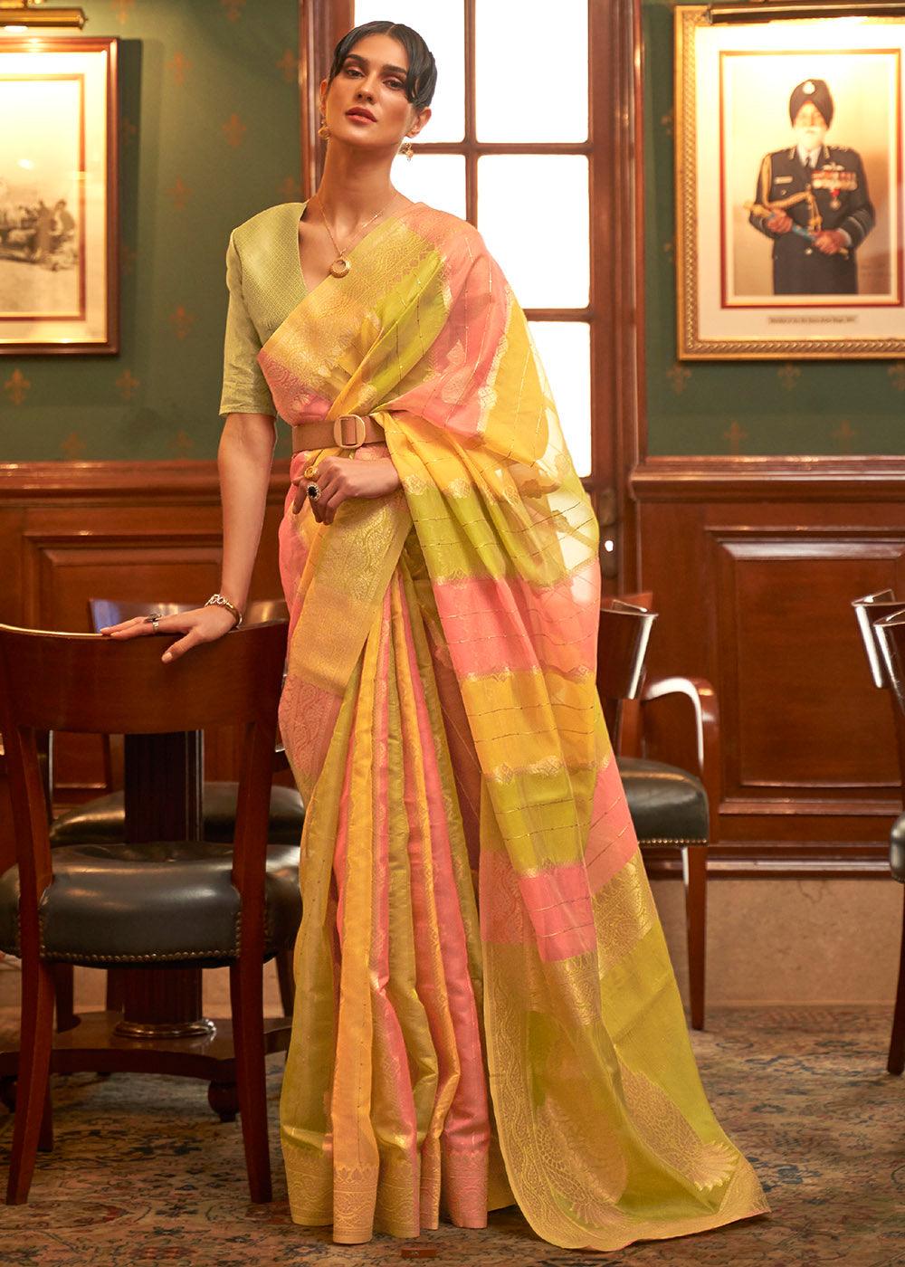 Green Multicolour Woven Organza Silk Saree | Stitched Blouse - qivii