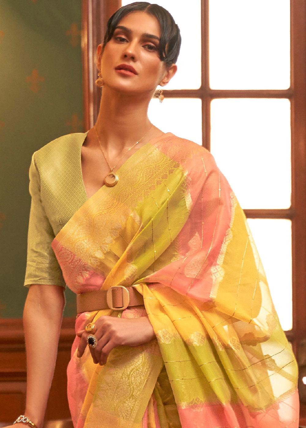 Green Multicolour Woven Organza Silk Saree | Stitched Blouse - qivii