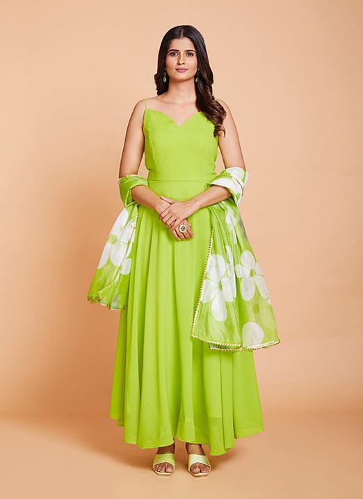 Green Plain Work Fancy Gown in Faux Georgette by Qivii