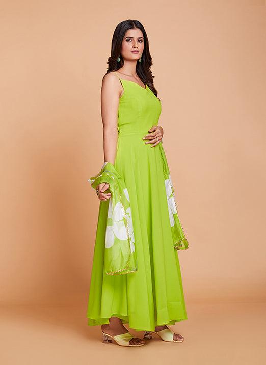 Green Plain Work Fancy Gown in Faux Georgette by Qivii