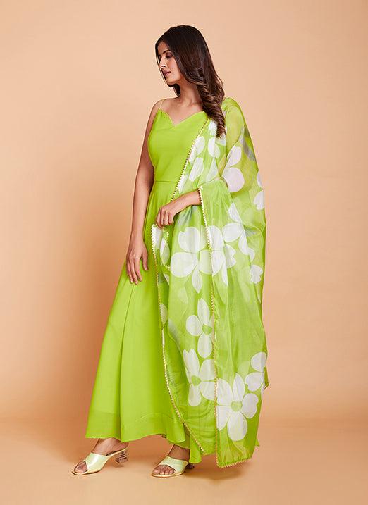 Green Plain Work Fancy Gown in Faux Georgette by Qivii