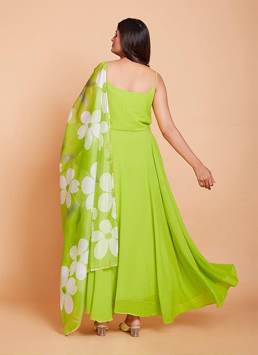 Green Plain Work Fancy Gown in Faux Georgette by Qivii