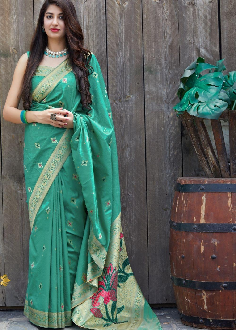 Green Silk Saree with Golden Zari Border | Stitched Blouse - qivii