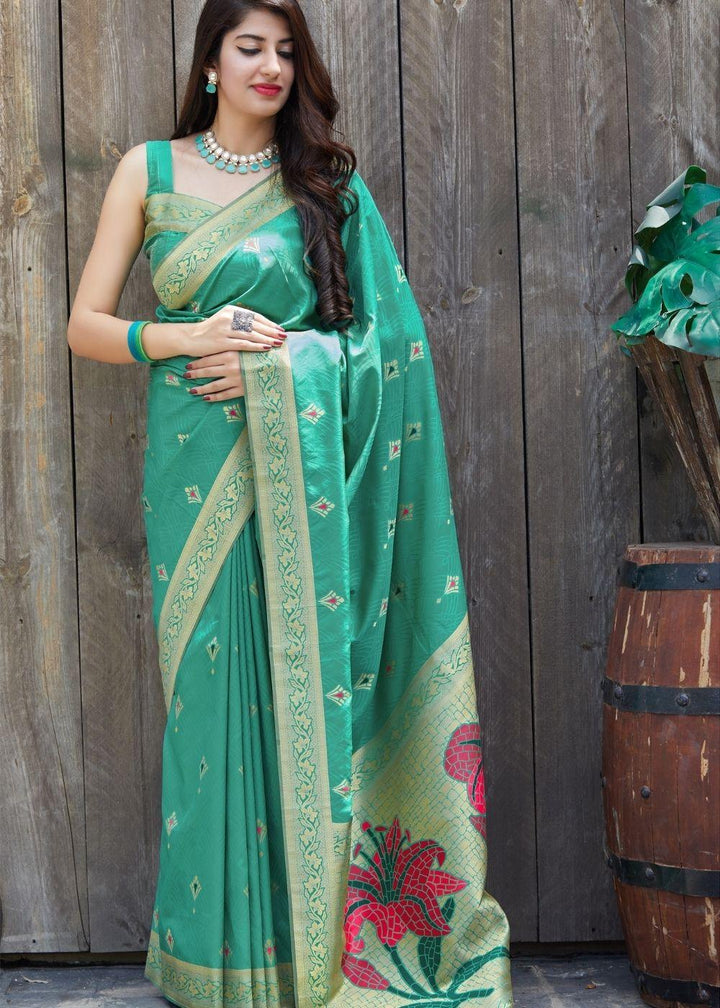 Green Silk Saree with Golden Zari Border | Stitched Blouse - qivii