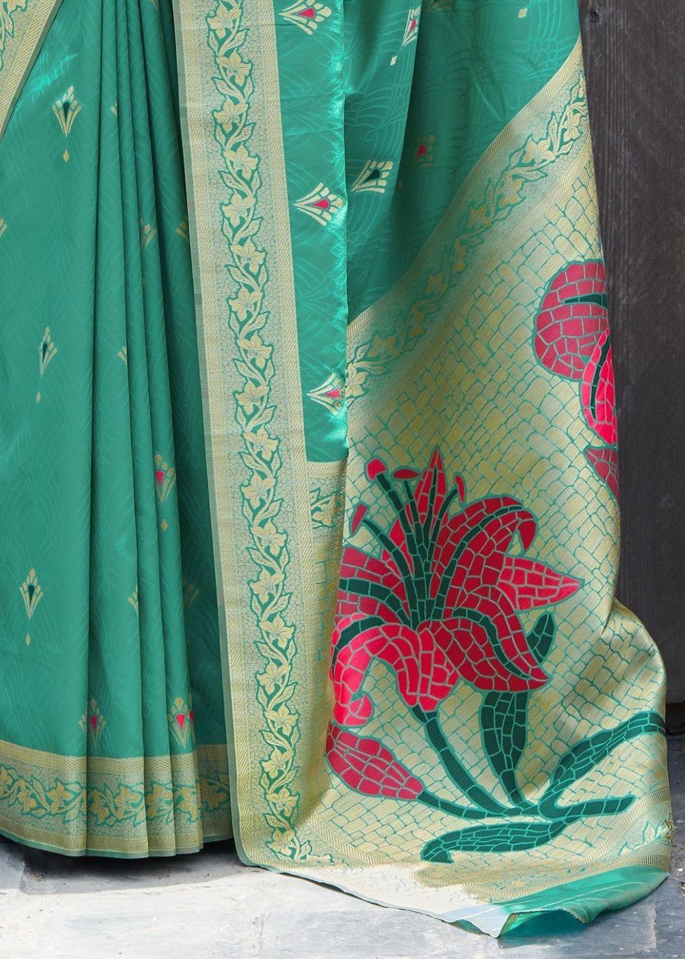 Green Silk Saree with Golden Zari Border | Stitched Blouse - qivii