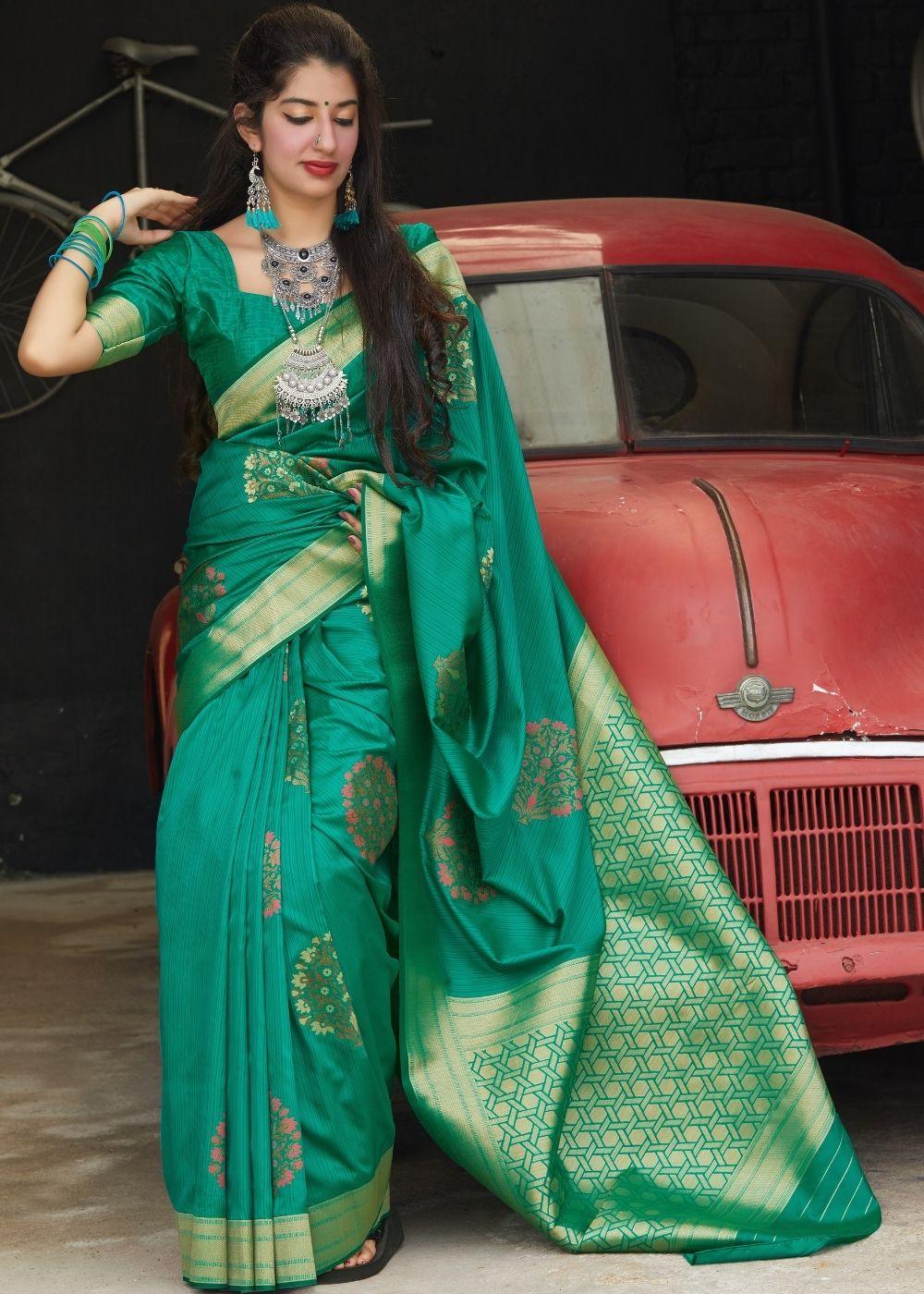 Green Silk Saree with Heavy Zari work Golden Pallu | Stitched Blouse - qivii