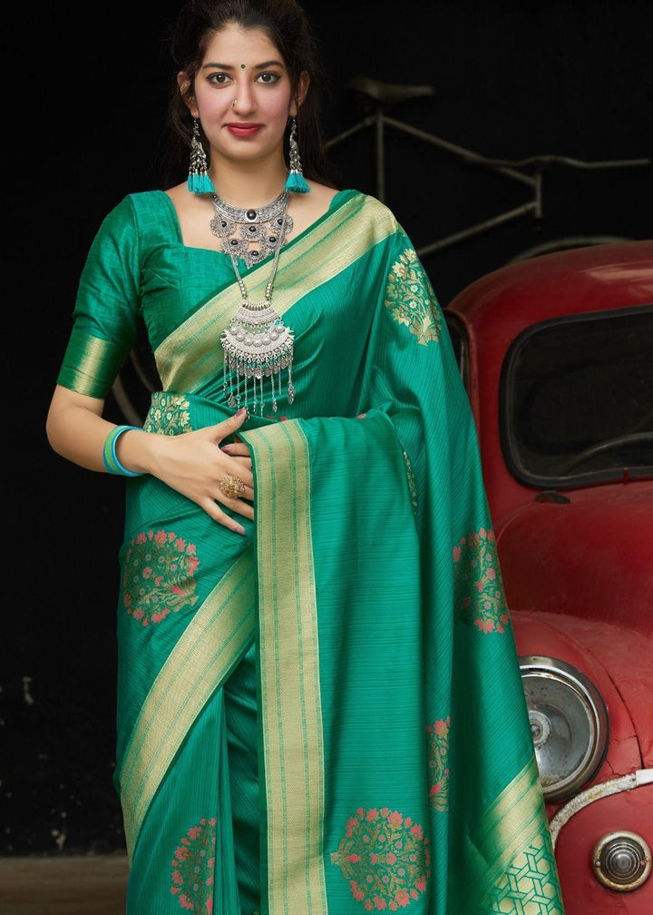 Green Silk Saree with Heavy Zari work Golden Pallu | Stitched Blouse - qivii