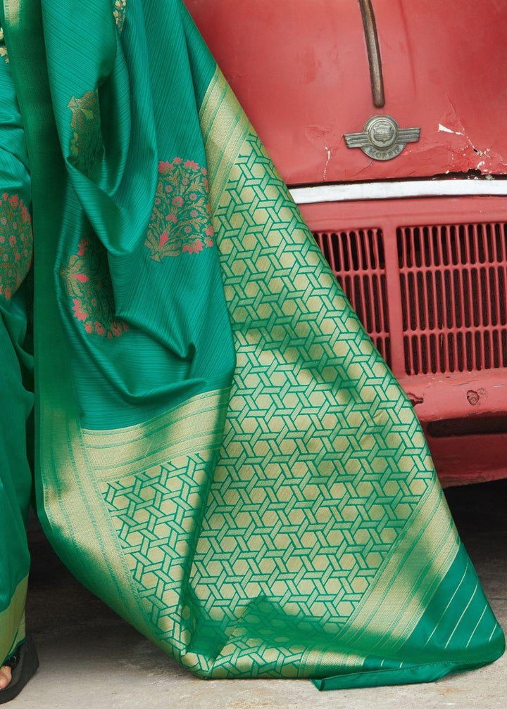 Green Silk Saree with Heavy Zari work Golden Pallu | Stitched Blouse - qivii