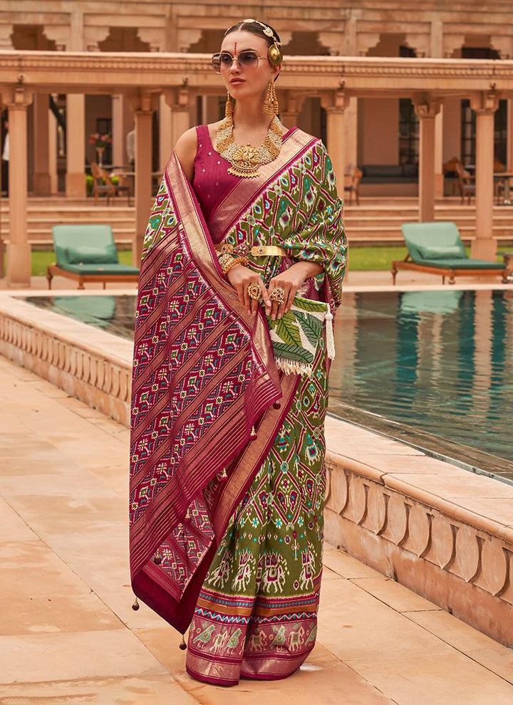 Green Smooth Silk Foil Print With Patola Saree  - By Kreeva