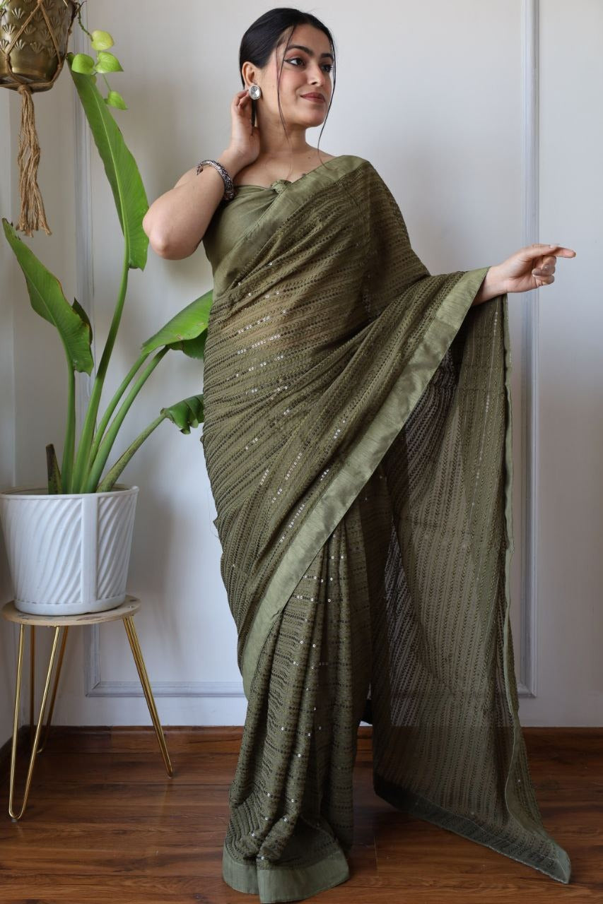 Green Fox Georgatte Beautiful Designer Embroidery work Saree