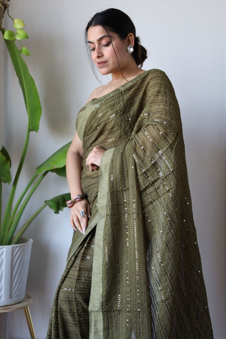 Green Fox Georgatte Beautiful Designer Embroidery work Saree