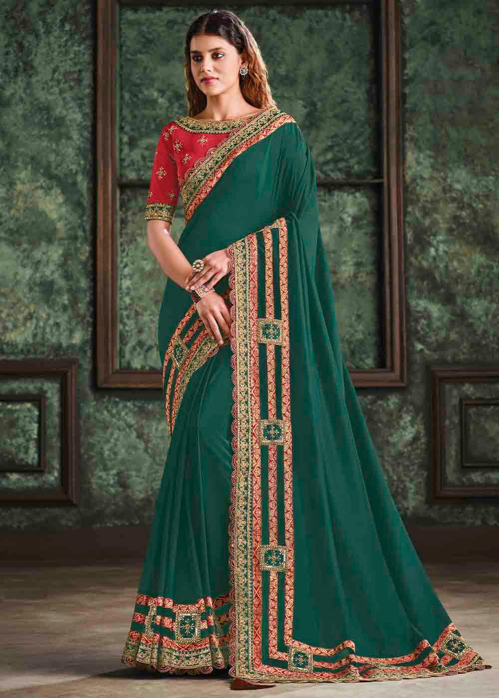 Greenish Blue Satin Silk Saree with Resham & Cord Embroidery | Stitched Blouse - qivii