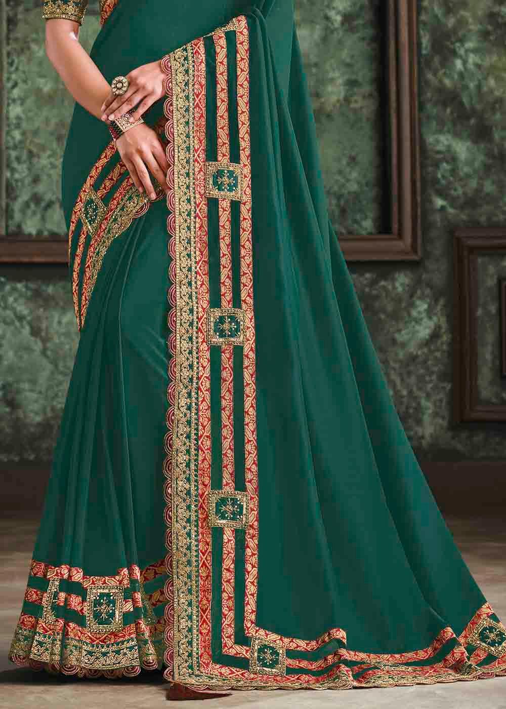 Greenish Blue Satin Silk Saree with Resham & Cord Embroidery | Stitched Blouse - qivii