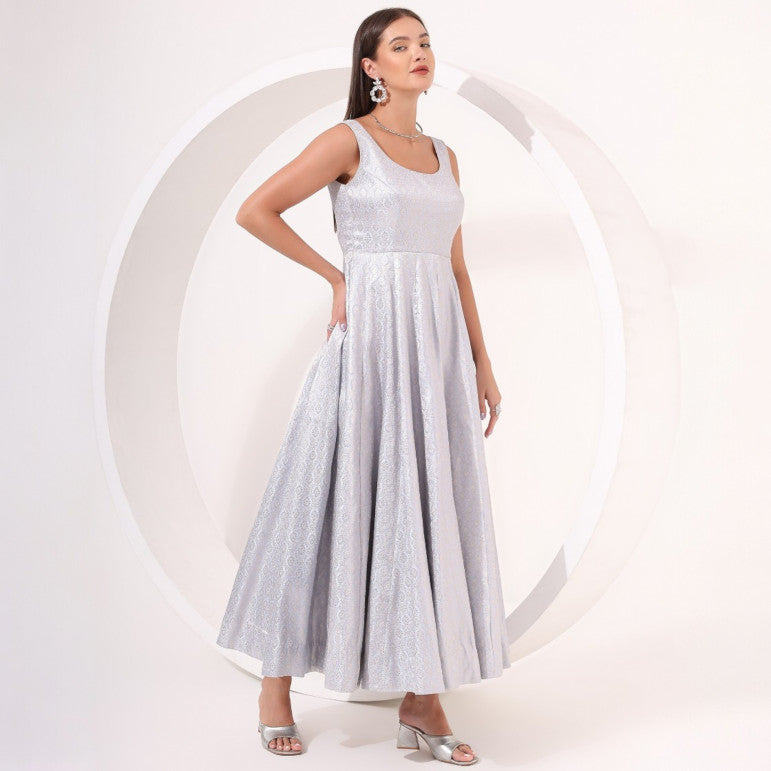 Powder Blue Brocade Anarkali Gown - qivii