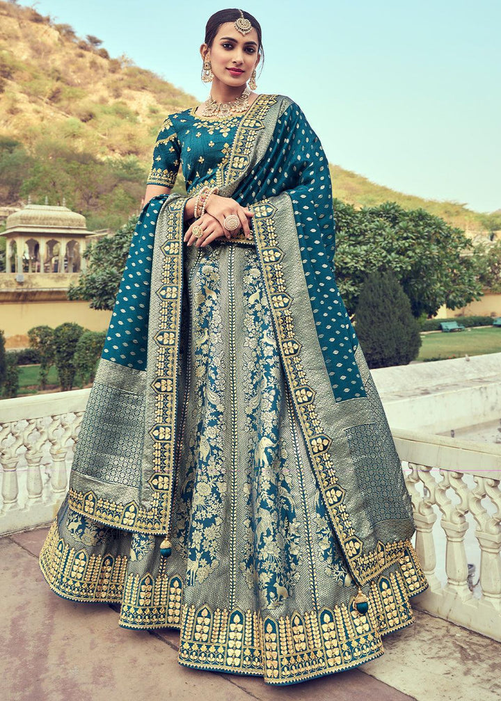 Grey & Blue Banarasi Silk Lehenga Choli with Khatli and Heavy Embroidered work - qivii