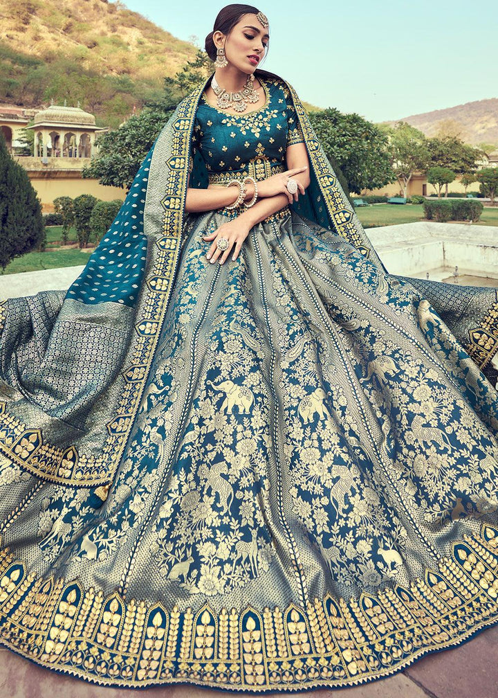 Grey & Blue Banarasi Silk Lehenga Choli with Khatli and Heavy Embroidered work - qivii