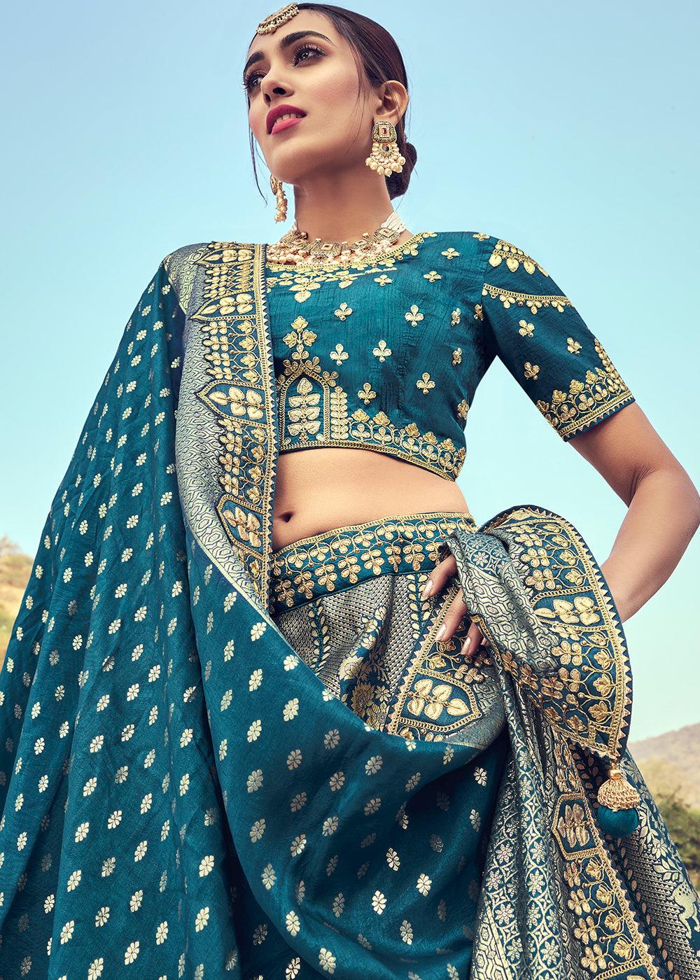 Grey & Blue Banarasi Silk Lehenga Choli with Khatli and Heavy Embroidered work - qivii