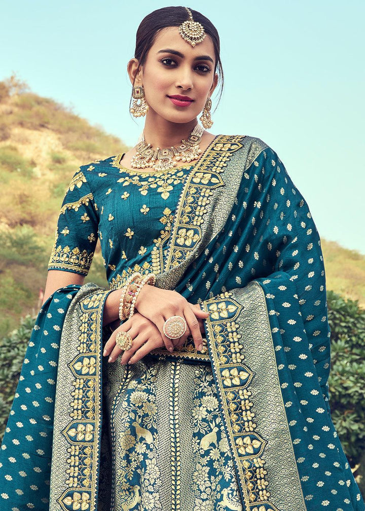 Grey & Blue Banarasi Silk Lehenga Choli with Khatli and Heavy Embroidered work - qivii